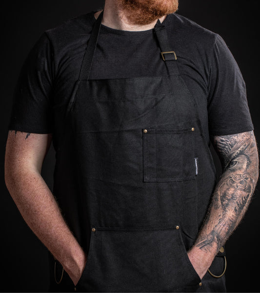 Heavy Duty Black Canvas Kitchen Apron with Phone/Pencil Pocket, Removable Kitchen Towel Rings and Sweatshirt-Style Pocket